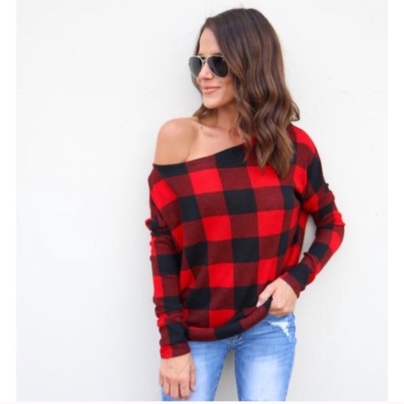SOLD OUT Red Buffalo Plaid Check Checkered One Off the Shoulder Soft Sweater - Picture 3 of 6